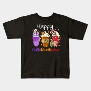 Happy Hallothanksmas Coffee Latte Halloween Thanksgiving Kids T-Shirt